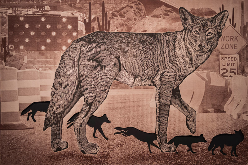 relief print of a coyote on tan paper