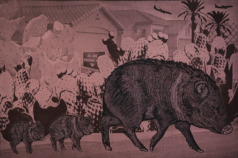 relief print of javelinas on pink paper