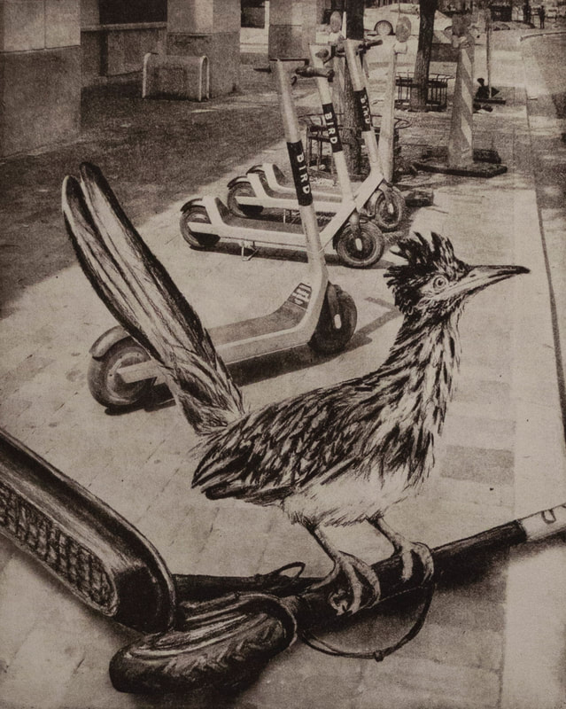 etching of a roadrunner on a scooter